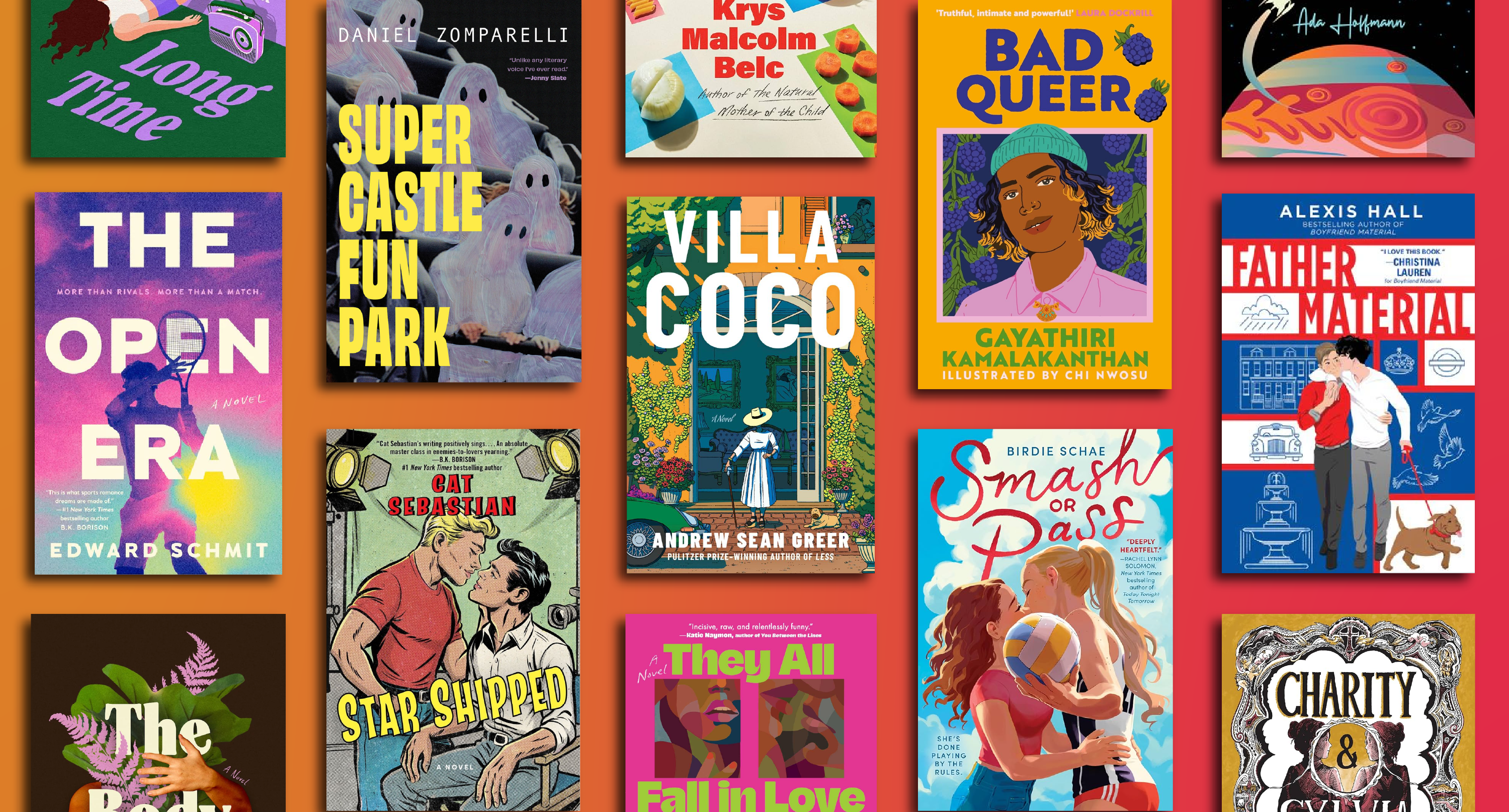 A stack of queer summer reads on a sunny background